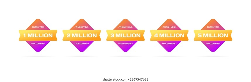 Thank you for follow icons. Flat, color, 1, 2, 3, 4, 5 million followers, thank you for follow. Vector icons