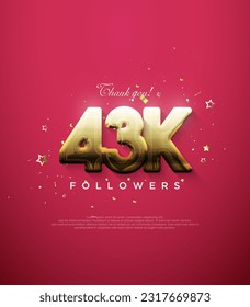 Thank you followers for 43k, with fancy gold numbers on a red background.