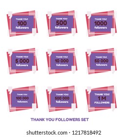 Thank you followers card Set. Vector illustration in flat geometry style.