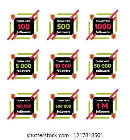 Thank you followers card Set. Vector illustration in flat geometry style.