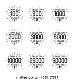 Thank you for followers isolated black label set with sunburst. Vector Illustration