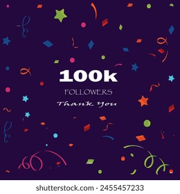 Thank you followers label badge white color theme isolated on purple background. 100k followers. Vector greeting artwork.