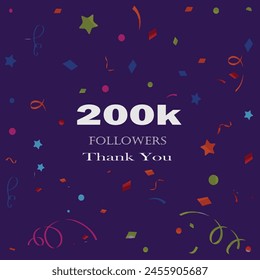 Thank you followers label badge white color theme isolated on purple background. 200k followers. Vector greeting artwork.