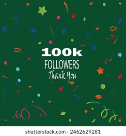 Thank you followers label badge white color theme isolated on green background. 100k followers. Vector greeting artwork.