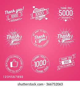 Thank you followers label set isolated on pink background. Vector design elements, signs, logos, identity, labels, badges, apparel, ribbons, stickers and other objects. Vector Illustration 