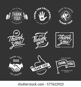 Thank you followers labels set. Monochrome stickers for social web. Vector vintage illustration.