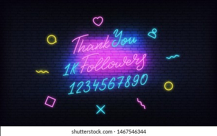 Thank You Followers neon.Social media template followers milestone. Congratulation card with numbers.