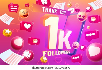 Thank you followers peoples, 1k online social group, happy banner celebrate, Vector illustration