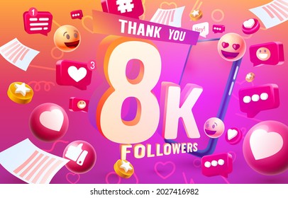 Thank you followers peoples, 8k online social group, happy banner celebrate, Vector illustration