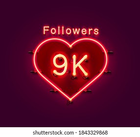 Thank you followers peoples, 9k online social group, neon happy banner celebrate, Vector illustration