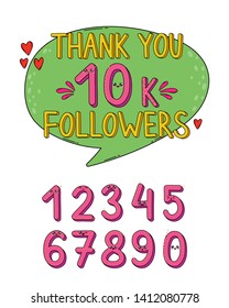 Thank you followers set of numbers in Japan Kawaii style. Blogger celebrates a large number of subscribers. Can be used for Social Networks, Web user, bloggers, subscribers.