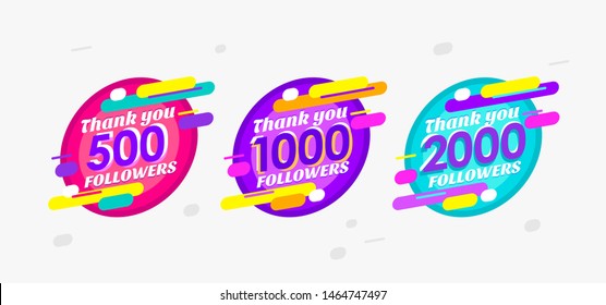 Thank you followers social media stickers set. Congratulation, online blog, vlog subscribers greeting labels pack. Internet advertisement campaign. Social networks promotional poster design elements
