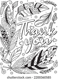 Thank you font with bird feather fur and flower elements. Hand drawn with inspiration word. Doodles art for Valentine's day or greeting card. Coloring for adult and kids. Vector Illustration.