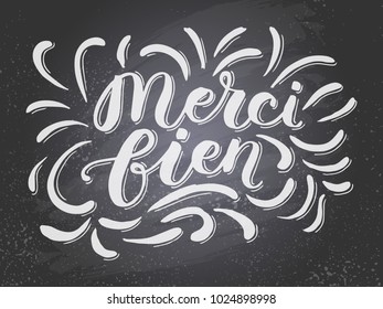 "Thank you" in french. Hand sketched lettering typography.  Trendy lettering art. Drawn inspirational quotation, motivational quote. Ready-to-print design template. Vector illustration.