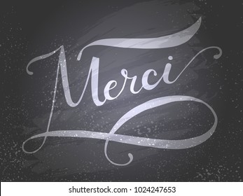 "Thank you" in french.Hand sketched lettering typography.  Trendy lettering art. Drawn inspirational quotation, motivational quote. Ready-to-print design template. Vector illustration.