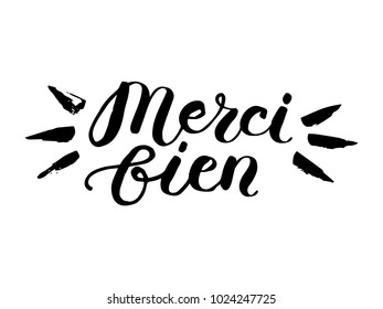 "Thank you" in french.Hand sketched lettering typography.  Trendy lettering art. Drawn inspirational quotation, motivational quote. Ready-to-print design template. Vector illustration.