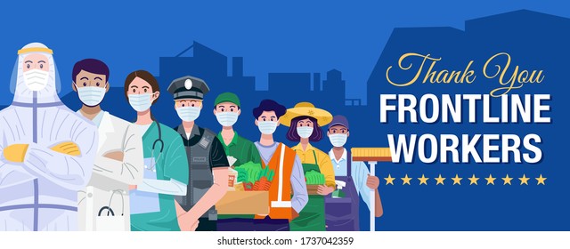 Thank You Frontline Workers Concept. Various occupations people wearing face masks. Vector