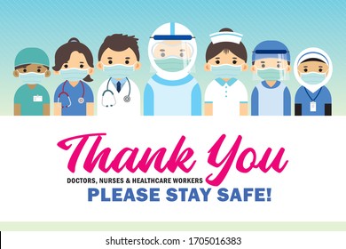 Thank You Frontline Workers: Doctors, Nurses & Healthcare Workers For Fighting Covid-19 Coronavirus Outbreak. Cartoon Professional Medical Staffs Wearing Surgical Mask Flat Design.