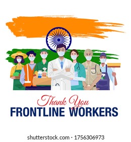 Thank You Frontline Workers. Various Occupations People Wearing Face Masks And Standing With Flag Of India. Vector