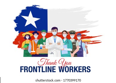 Thank you frontline workers. Various occupations people standing with Chile flag. Vector