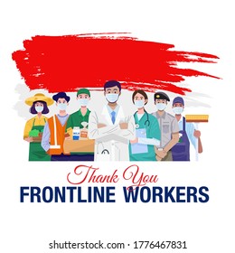 Thank you frontline workers. Various occupations people standing with flag of Indonesia. Vector