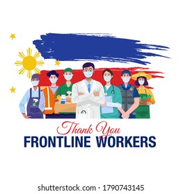 Thank you frontline workers. Various occupations people standing with flag of the Philippines. Vector