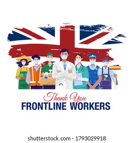 Thank you frontline workers. Various occupations people standing with flag of England. Vector