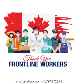 Thank you frontline workers. Various occupations people standing with flag of Canada. Vector