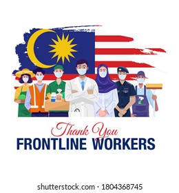 Thank You Frontline Workers. Various Occupations People Standing With Flag Of Malaysia. Vector