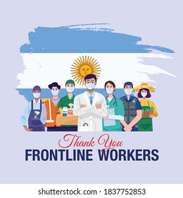 Thank you frontline workers. Various occupations people standing with flag of Argentina. Vector