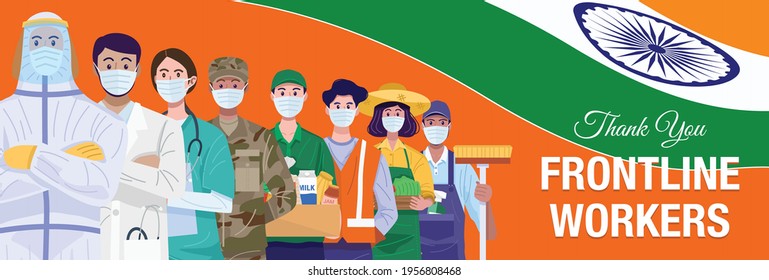 Thank You Frontline Workers. Various Occupations People Standing With Flag Of India. Vector