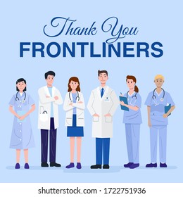 Thank you frontliners concept. Illustration of doctors and nurses standing. Vector