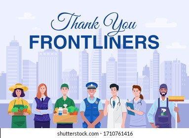 Thank You Frontliners Concept. Various Occupations People Wearing Face Masks. Vector