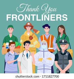 Thank You Frontliners Concept. Various occupations people wearing face masks. Vector