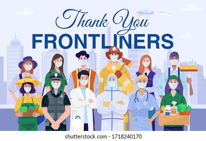 Thank You Frontliners Concept. Various occupations people wearing protective masks. Vector