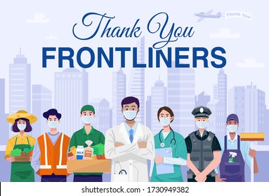 Thank You Frontliners Concept. Various occupations people wearing face masks. Vector