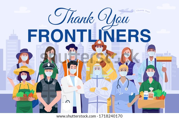 Thank You Frontliners Concept.
Various occupations people wearing protective masks.
Vector