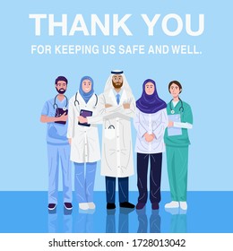 Thank you frontliners, Illustration of Middle-Eastern doctors and nurses. Vector