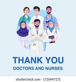 Thank you frontliners, Illustration of Muslim doctors and nurses banner. Vector