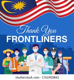 Thank You Frontliners. Various Occupations People Standing With Flag Of Malaysia. Vector