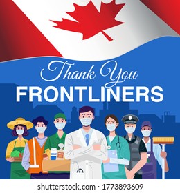 Thank you frontliners. Various occupations people standing with flag of Canada. Vector