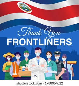 Thank you frontliners. Various occupations people standing with flag of Costa Rica. Vector