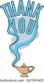 Obrigado genie desejo: Uma lâmpada de gênio libera uma fumaça azul formando a frase Obrigado, representando gratidão e apreciação. Um símbolo de agradecimento e apreço.