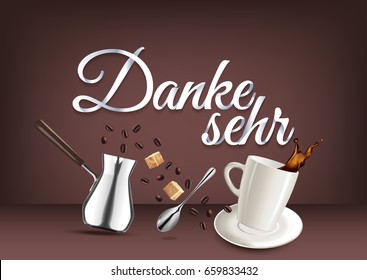 Thank you - in german language, paper hand lettering calligraphy. Vector illustration with coffee objects and text.