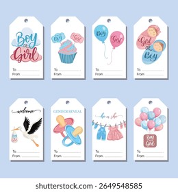 Thank you gift tag design for gender reveal party with cute blue and pink baby elements for boy or girl celebration