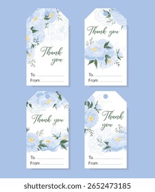 Obrigado etiquetas de presente com flores azuis elegantes, perfeito para casamentos, favores, ou eventos especiais, com um design floral e botânico delicado
