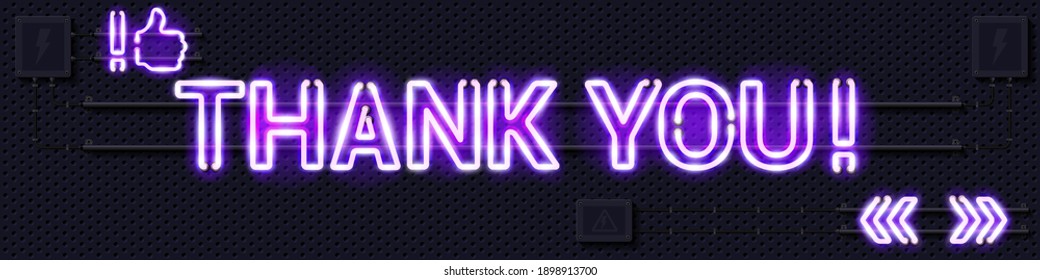 THANK YOU glowing purple neon lamp sign. Realistic vector illustration. Perforated black metal grill wall with electrical equipment.