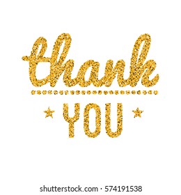 Thank you gold glitter text. Thanksgiving lettering with golden glittering texture, sequins and stars. Vector illustration