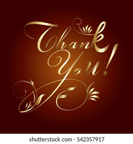 Thank you gold inscription. Vintage floral calligraphy lettering with leaves and flowers.Vector  card.