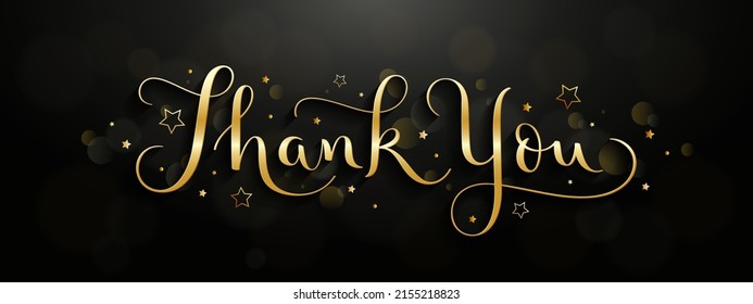 THANK YOU gold vector brush calligraphy banner with bokeh lights and stars on black background